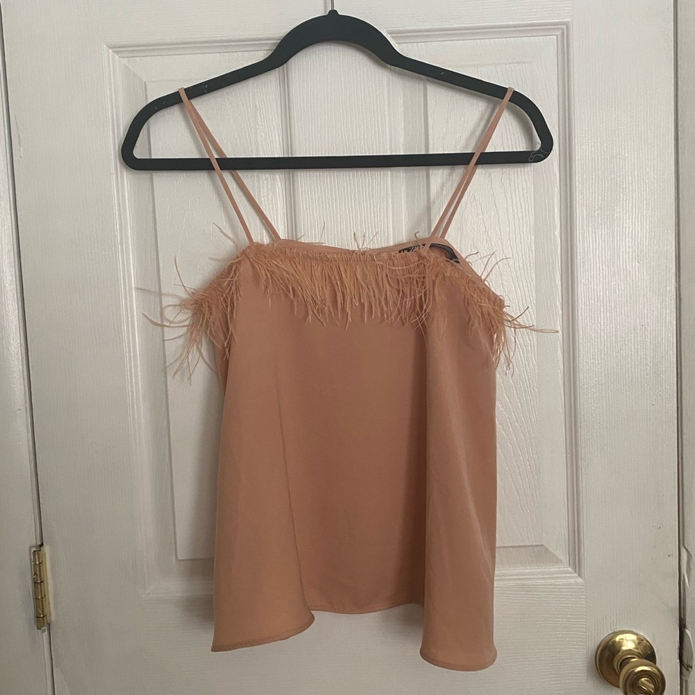 Pink zara feather rimmed shirt